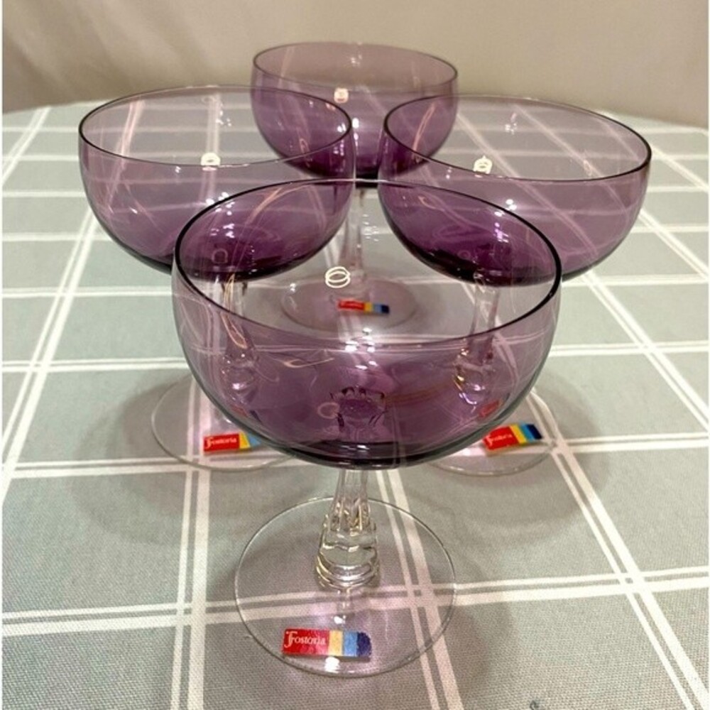 Vintage Fostoria Classic Amethyst Crystal Champagne Wine Glasses Set of 4 Purple